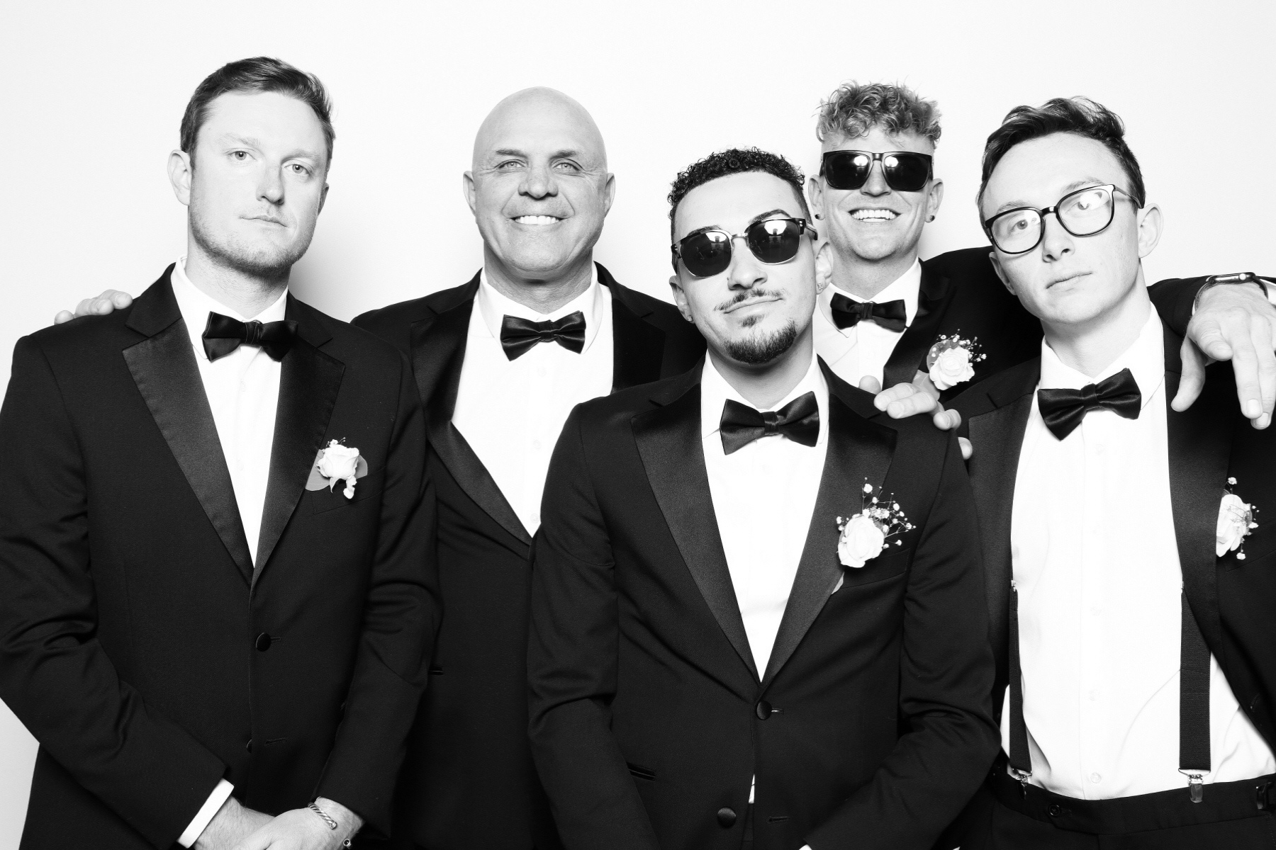 Black and white Glam Booth experience with studio-style portraits, 4x6 prints, and digital sharing